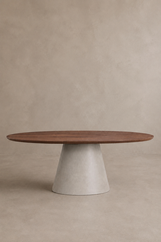 Incontro Stone - Tavolo ovale in legno massello con base conica in microcemento