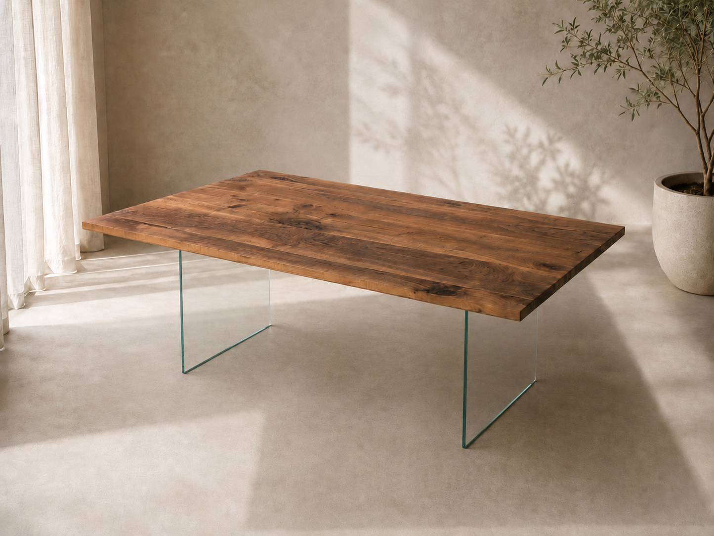 Sospeso - Tavolo in legno di noce e vetro extrachiaro
