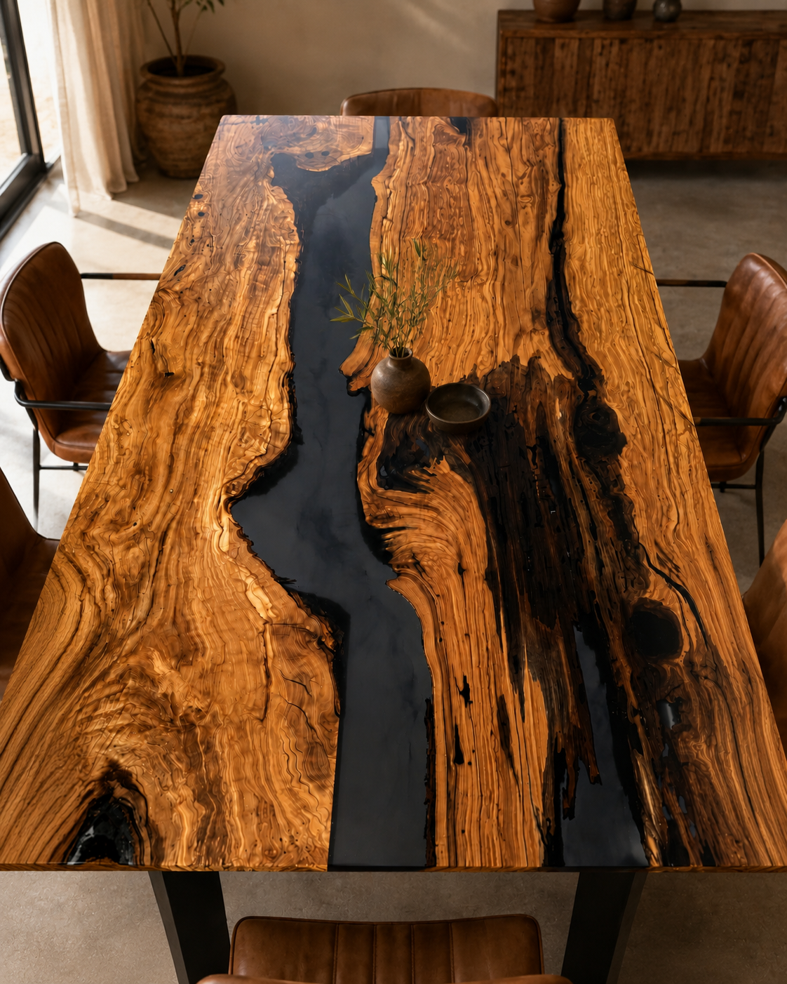 Volluto - Tavolo in legno di ulivo e resina nera fumee