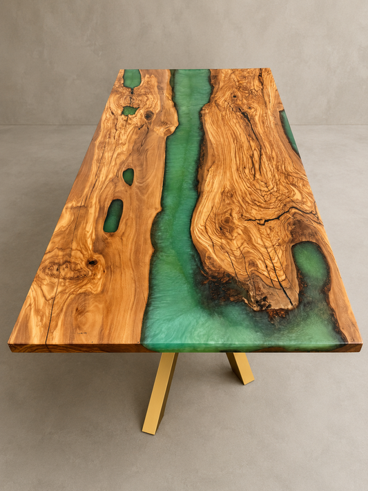 Verdana - Tavolo in legno di uliva e resina verde mica powder