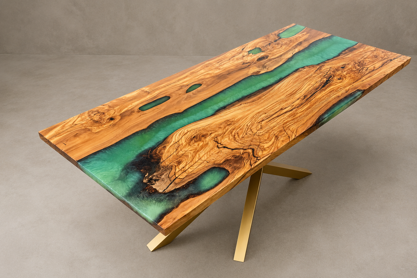 Verdana - Tavolo in legno di uliva e resina verde mica powder