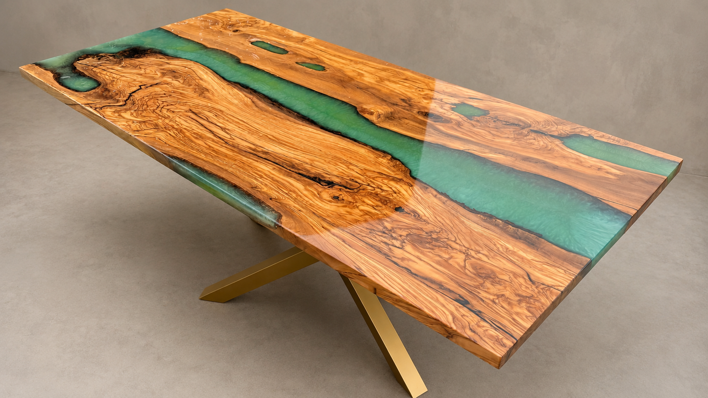 Verdana - Tavolo in legno di uliva e resina verde mica powder